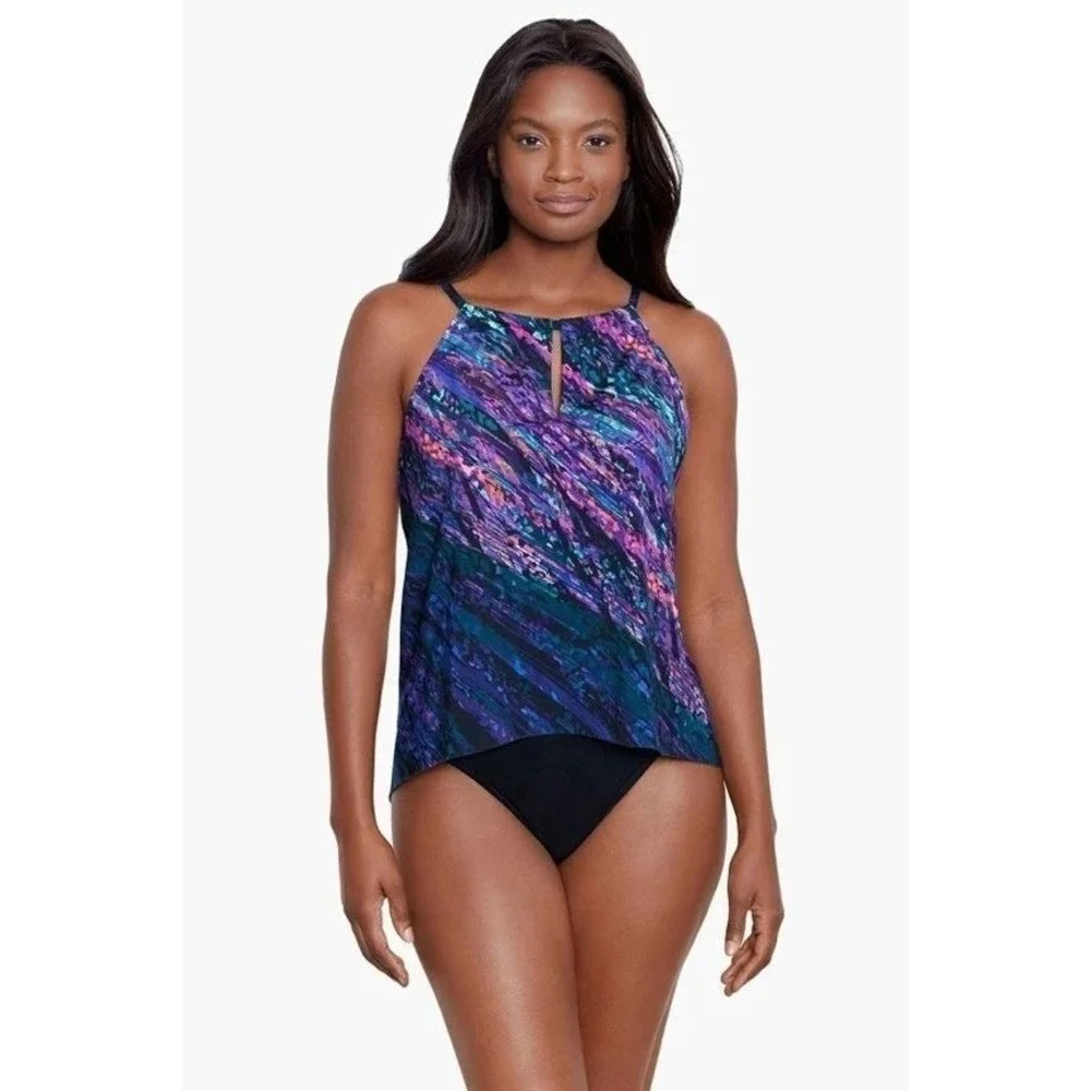 NWT Miraclesuit Peephole Tankini Top Womens 16 Multi Color Abstract Swim Festive